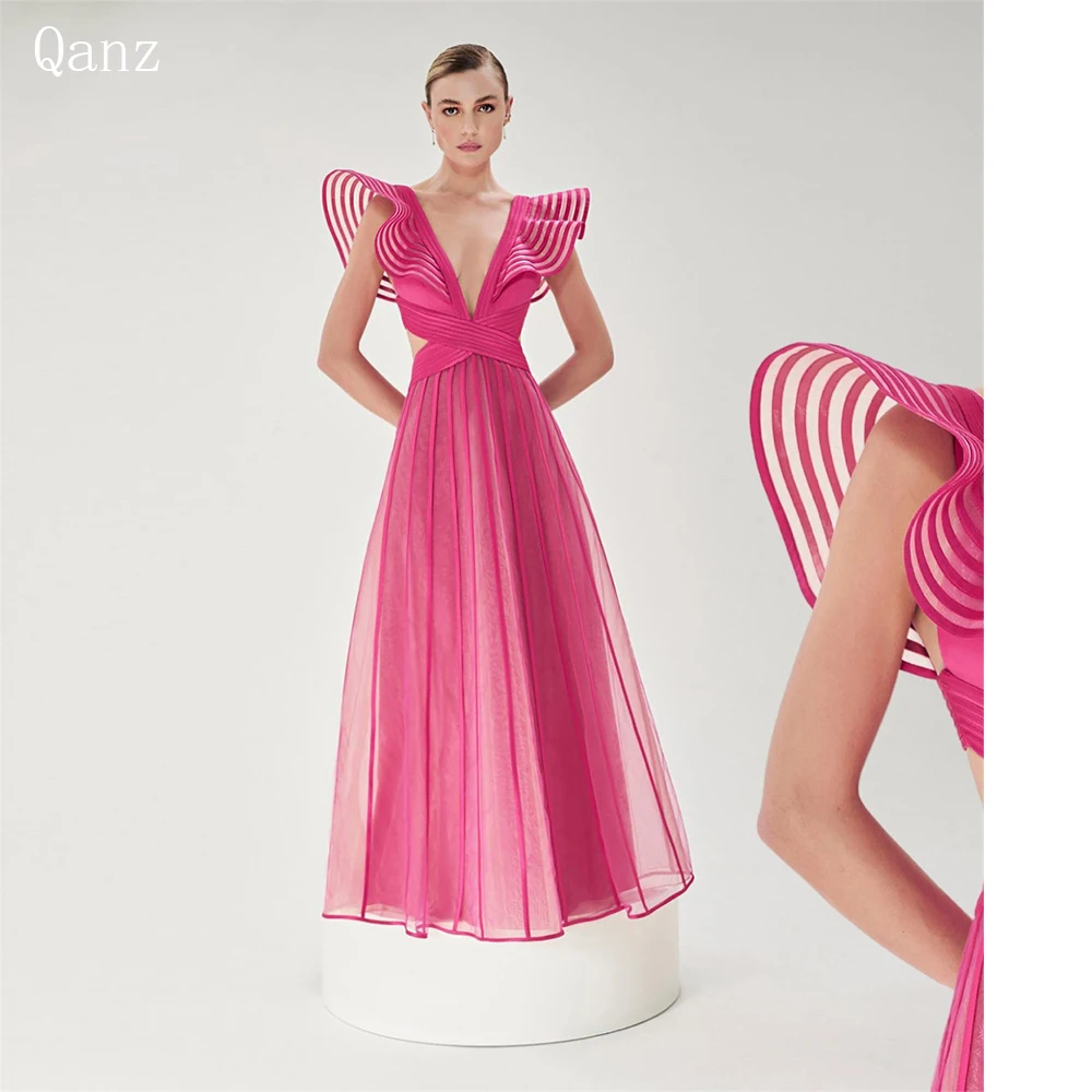 Qanz Fuchsia A Line Prom Dresses Vestidos De Gala Cape Sleeves Floor Length Evening Gowns Special Occasion Dresses Customized