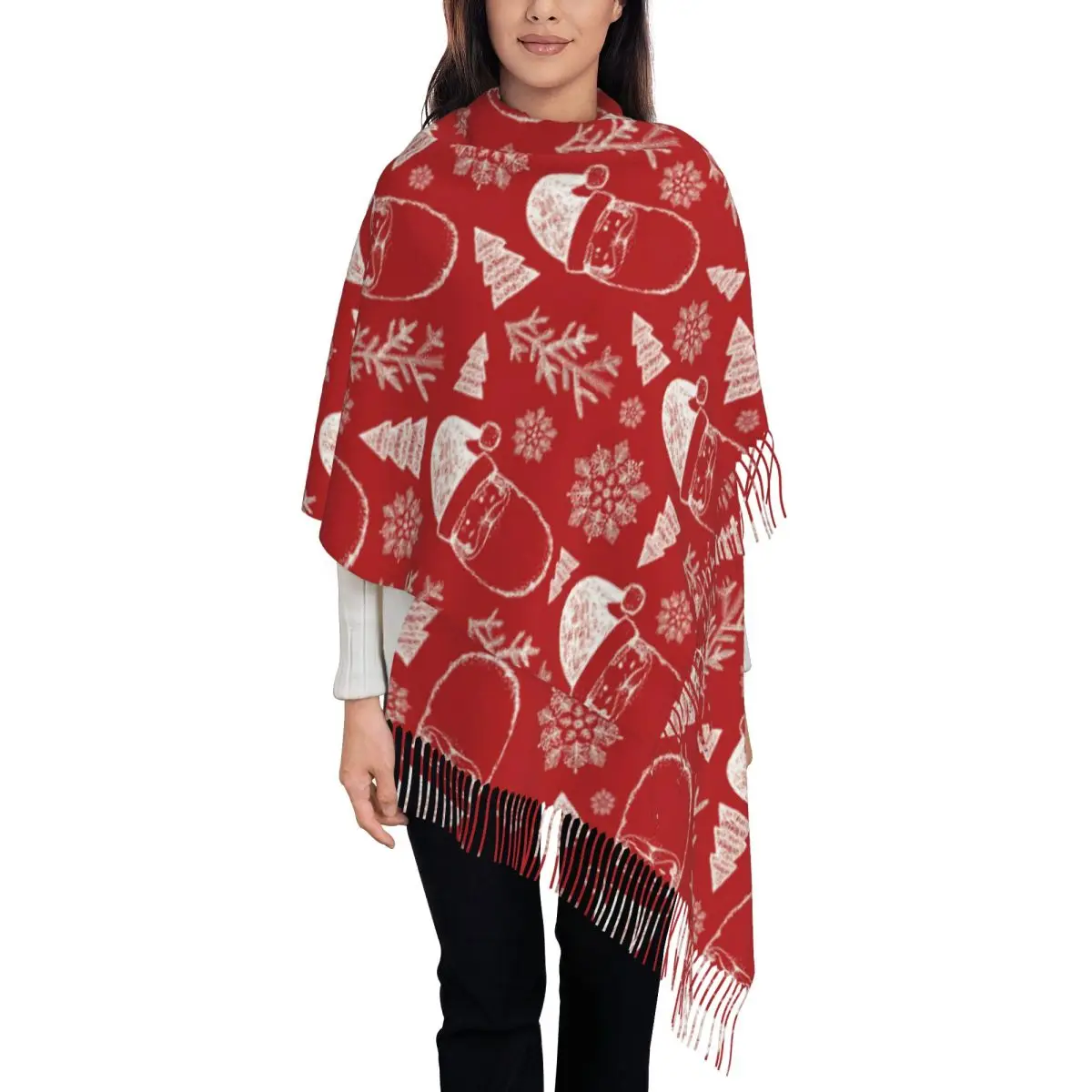 Christmas Santa Claus Shawls Wraps for Women Winter Single-sided Pattern Scarf Snowflakes New Year Neckerchief Tassel Scarves