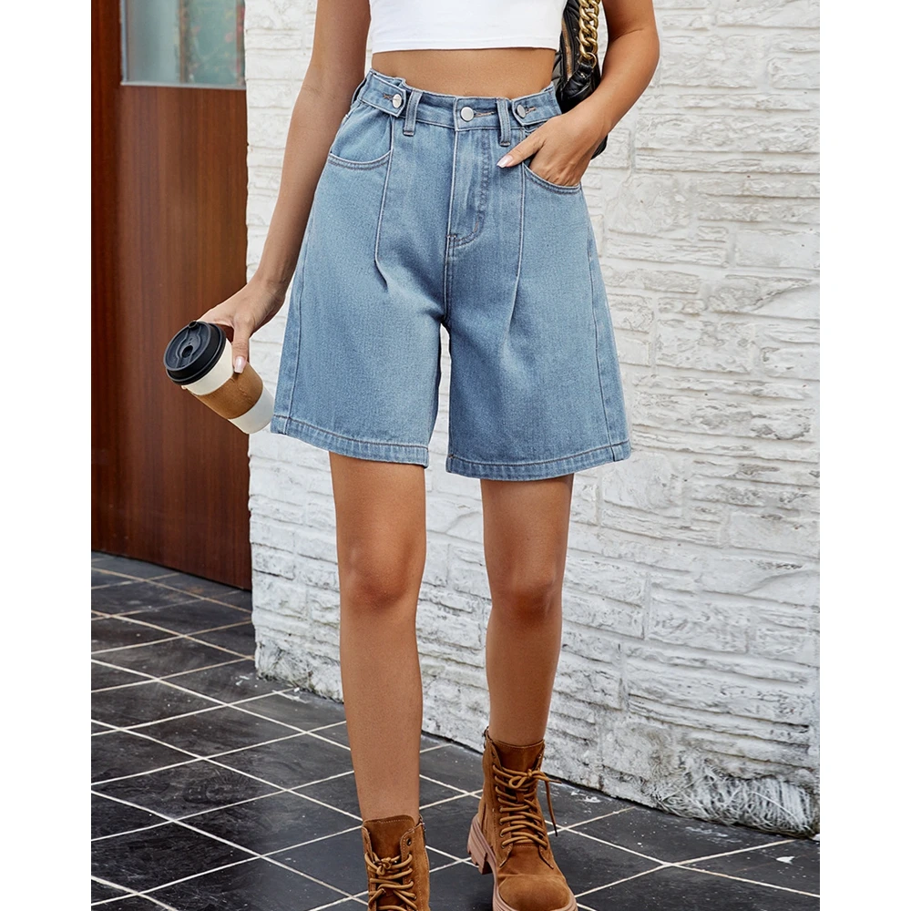Summer Women Washed Waist Adjustable Denim Pants Femme Fashion Ruched Five Quarter Straight Leg Jeans Short Pants With Pockets