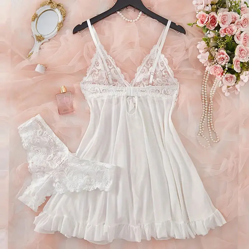 Ice Silk Thin Halter Sexy Pajamas Lace Nightdress And Thong Sets Plus Size Nightwear Women Underwear Sleepwear Transparent Dress