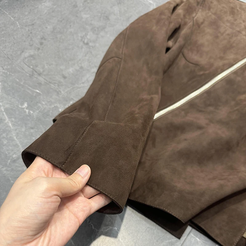 레트로 커피 스웨이드 키드 가죽 숏 재킷 여성용 2025 가을 패션 사선 지퍼 A라인 진짜 가죽 긴팔 재킷