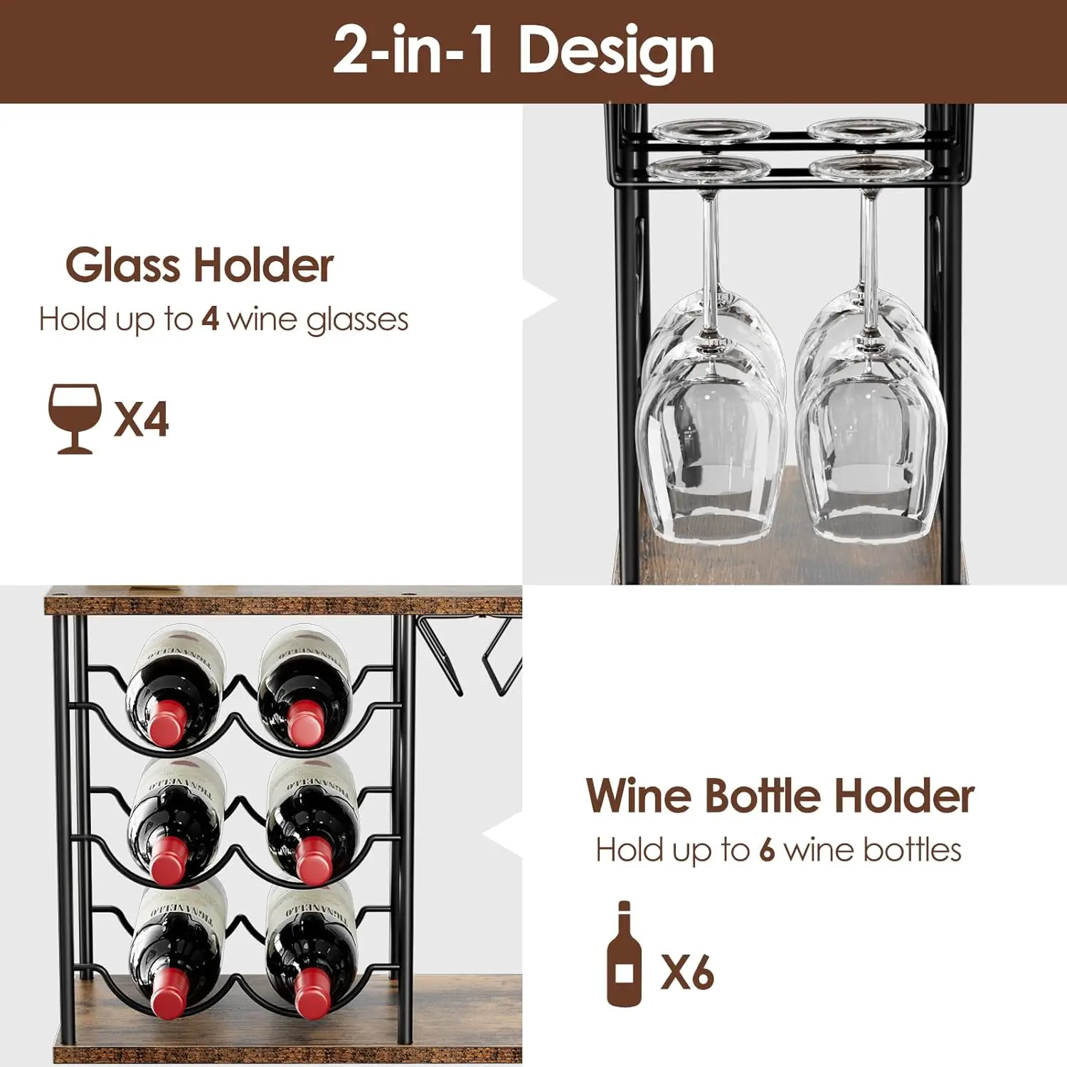Compact Wine Rack for 6 Bottles and 4 Glasses, Metal and Wood Storage Organizer for Kitchen or Bar