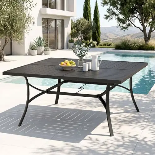 Square Outdoor Table for 8, Black Metal Table w/Umbrella Hole | 57.5