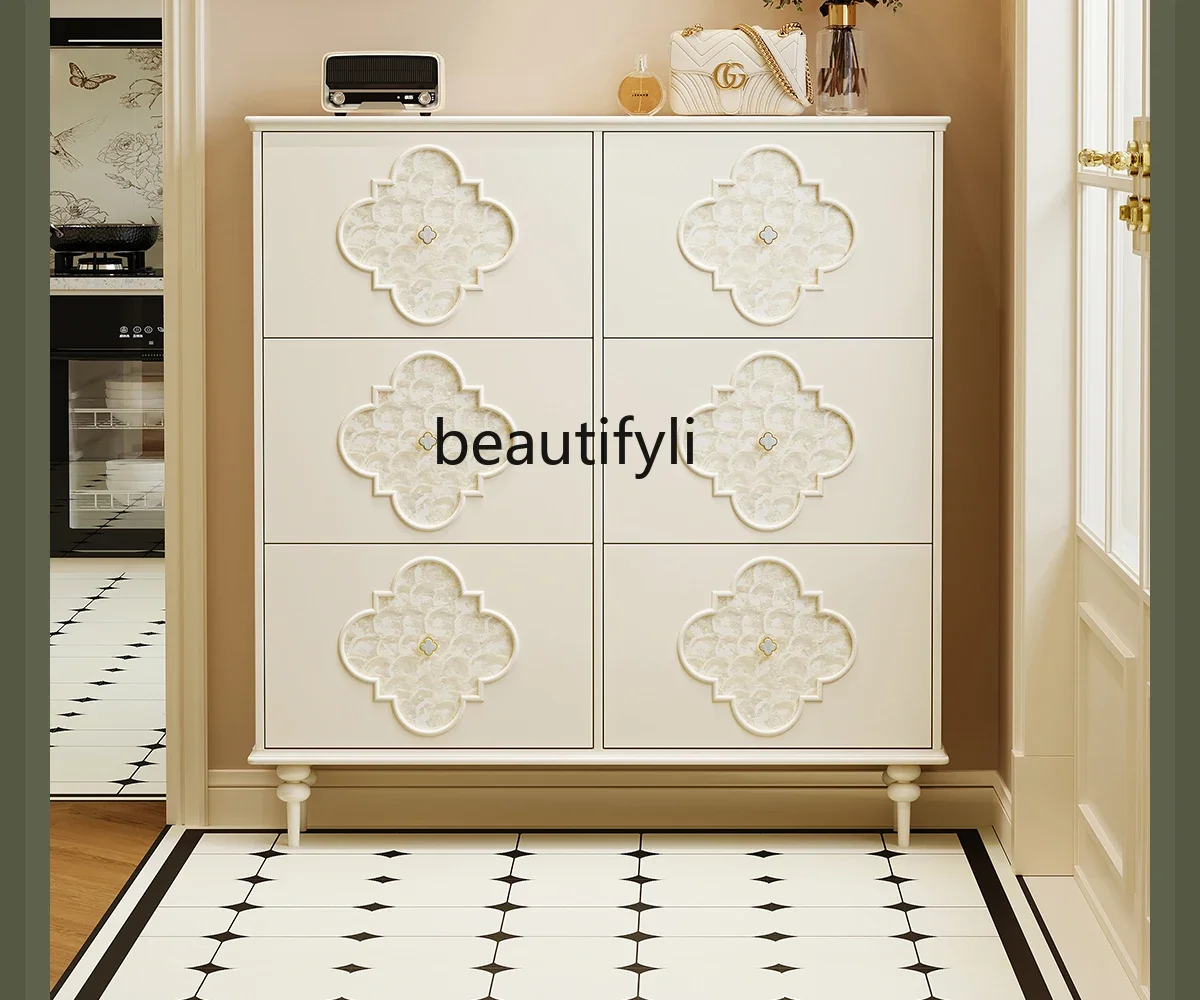 

LFrench retro shoe cabinet ultra-thin tipping bucket solid wood home door cream wind 17cm extremely narrow