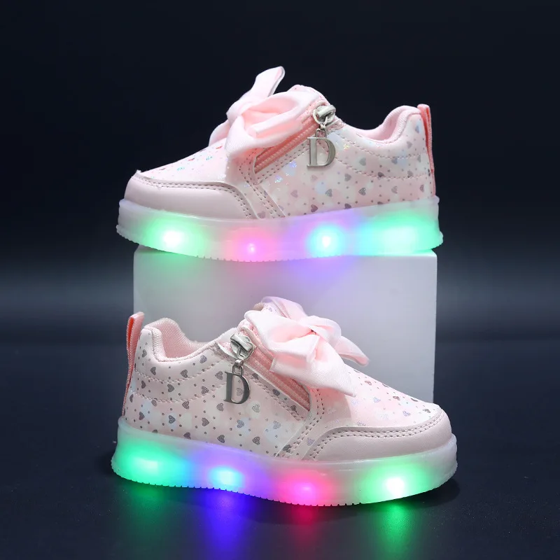 Children's LED Light Shoes 2024 Spring New Fashion Bow Girl Princess Shoes Soft Sole Comfortable Children's Casual Sports Shoes