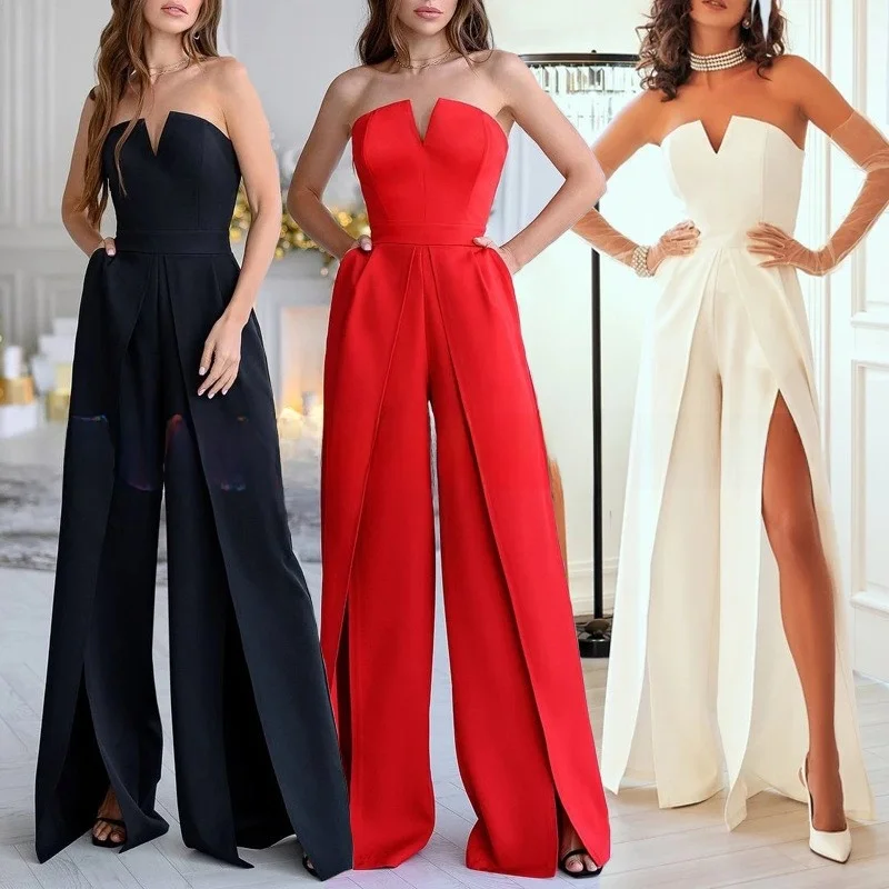 

2023 Women's Sexy V-neck Sleeveless Jumpsuit Trousers Long High Waist Wide Leg Pants One-Piece Suit Comfortable Polyester