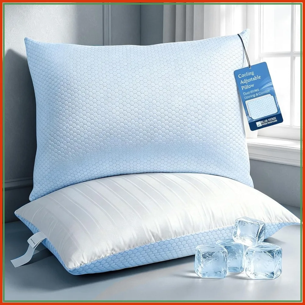 Queen Size Cooling Pillows Set of 2, Soft Medium 500 TC Damask Stripe Embroidered 100% Cotton Cover, Down Alternative