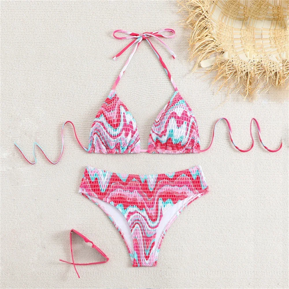 Wave Print Bikini Pleated String Backless Swimsuit Y2K Micro Bikinis Extrem Backless Vacation Swimwear Women Beach Set Bath Suit