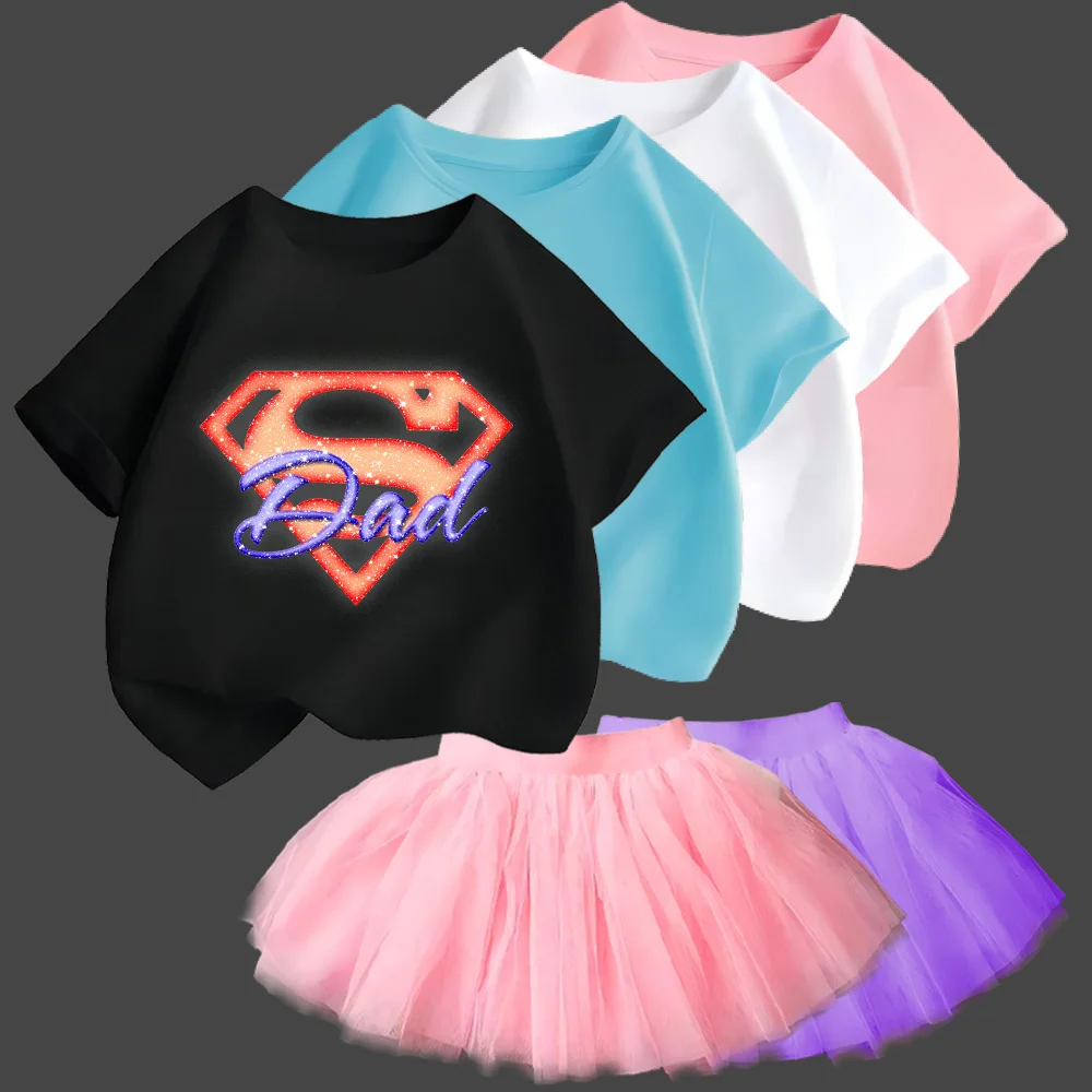 Children's Sets Pure Cotton Tops Sparkling Colorful Printed T-shirt Kid and Girls' Clothing Party Dance High Quality Short Skirt