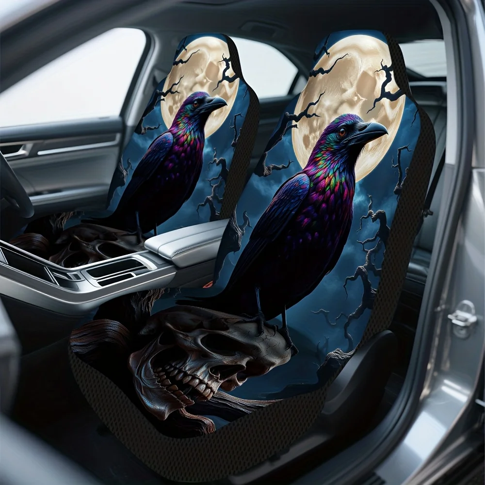 2pcs, Fashionable Mystical Raven With Skull Print Car Seat Covers, Universal Fit For Sedan SUV Truck, Easy To Clean, Four Season