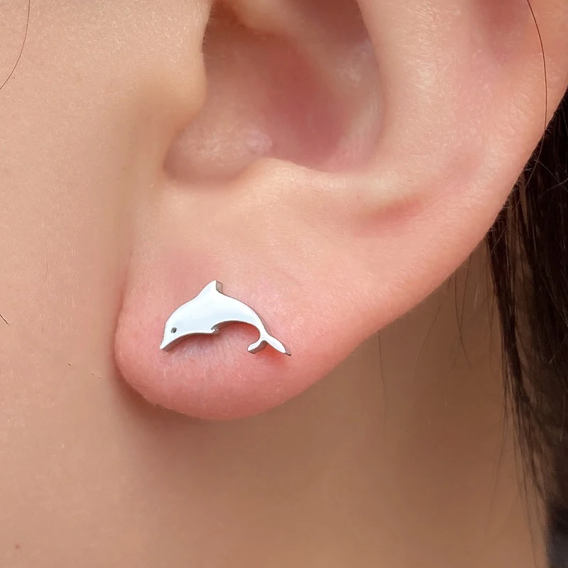 Stainless Steel Mini Earrings Girls Minimalist Punk Gold Color Coconut Tree Dolphin Star Moon Stud Earring Party Jewelry Brincos - view 3