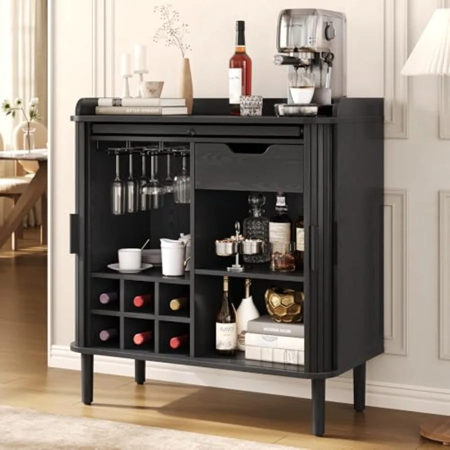 

Барный шкаф с рифленой отделкой в стиле середины века, современный кофейный барный шкаф с местом для хранения и зарядной станцией, винные полки, держатели для стаканов для дома и гостиной