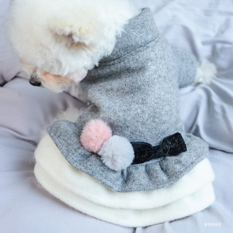 1PC Pet Clothing Autumn/Winter Thick grey double ball bow Princess dress suitable for small to medium sized dogs