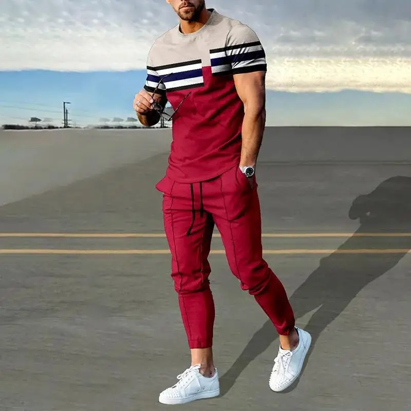 Fashion Color Block 3D Print Men Sportswear Set Casual Short-Sleeved T Shirt Pants 2-Piece Set Oversized Pullover Men Clothing