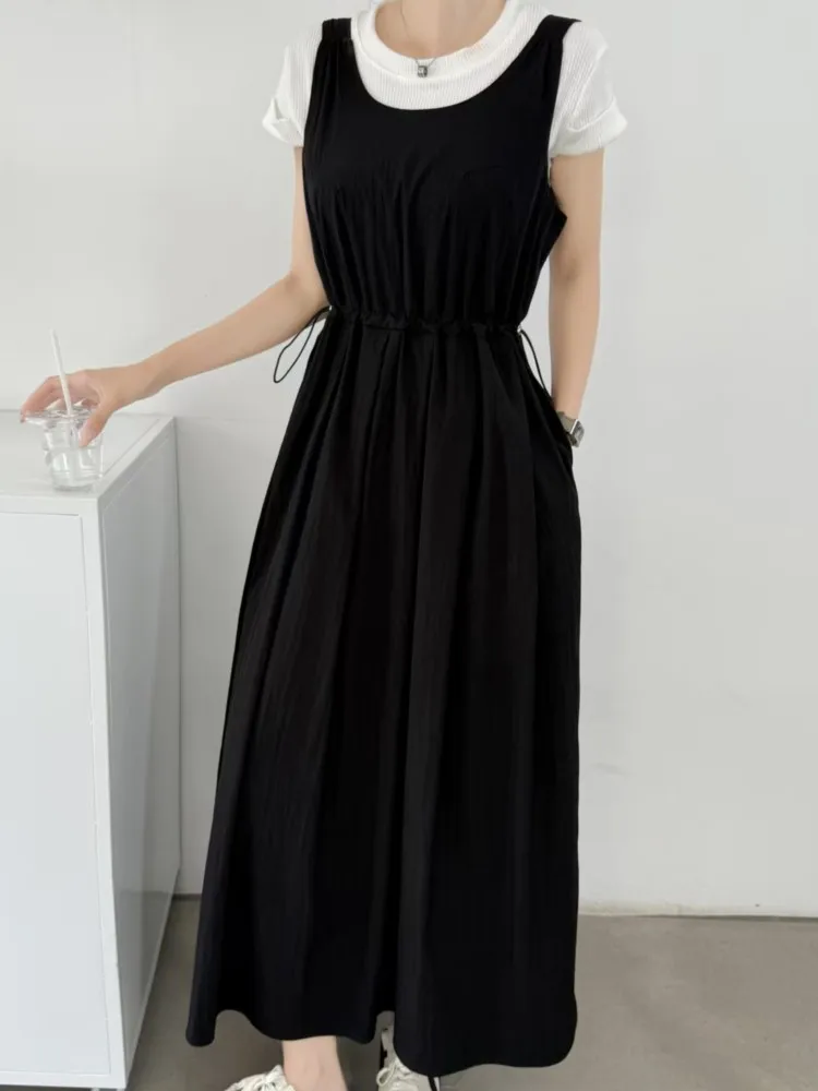 여름 솔리드 O넥 플리츠 여성 탱크 드레스 신상 한국 슬리브리스 캐주얼 루즈핏 A라인 드레스 포켓 여성용