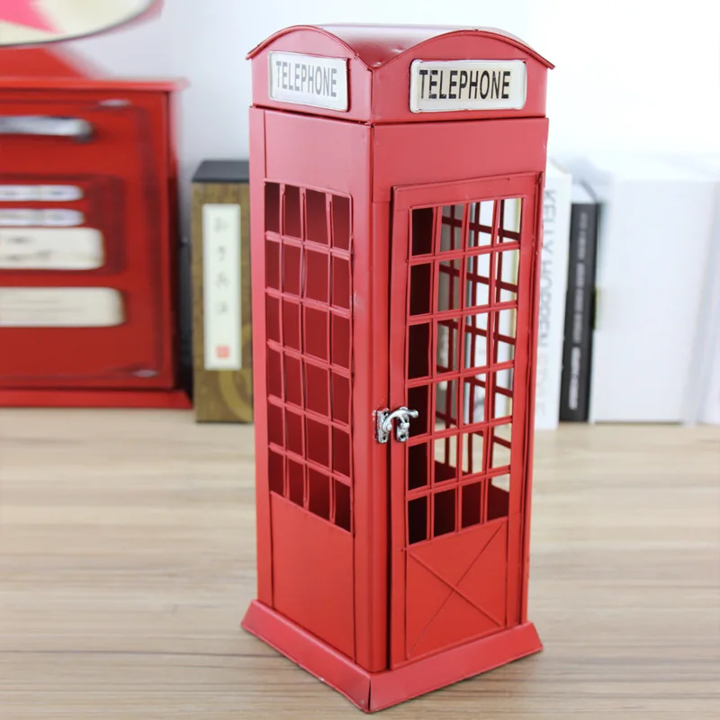 Zakka Grocery Handicrafts, Antique Craftsmanship Tin Red Phone Booth Model Decorative Ornament Wholesale