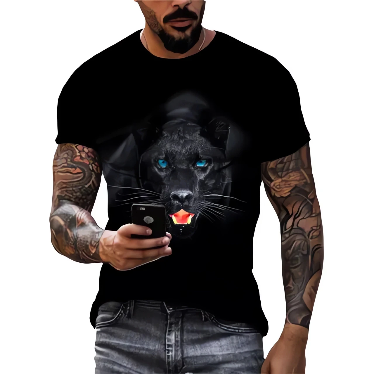 New summer fashion trend new 3D animal print Panther pattern O-neck casual t-shirt