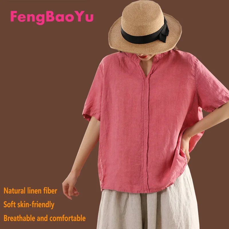 

100% Natural Pure Linen Women's Shirt, Stand-up Collar Short-sleeved Pullovers, Simple, Elegant Comfortable Top Cooling Effect