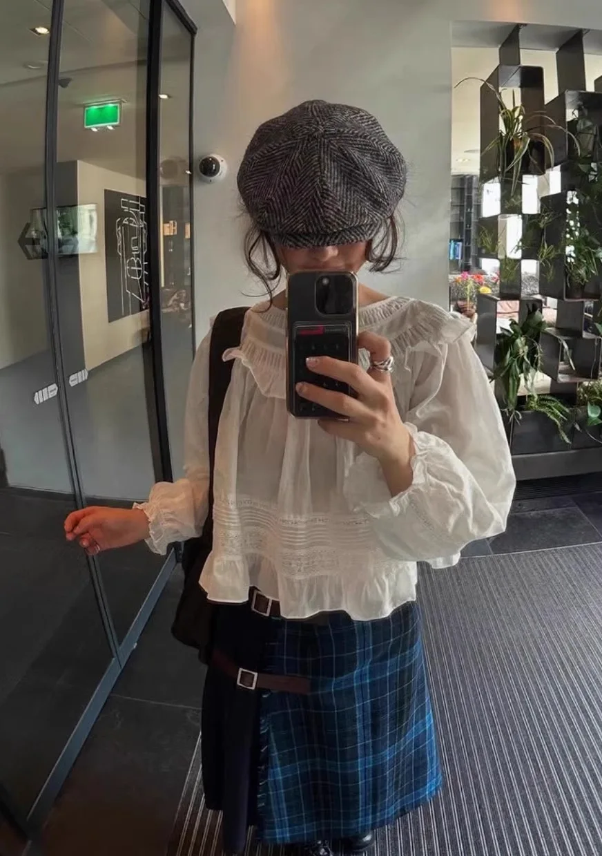 

Длинная женская свободная посадка в стиле ретро с кружевной отделкой, хлопок, чистый комфорт, дышащая круглая Ne, стандартная длина, осенняя новинка