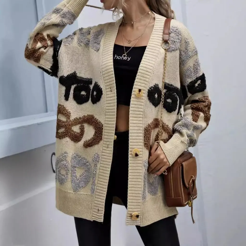 

Женский длинный жаккардовый кардиган с буквами, весенне-осенний модный трикотаж, свитер с открытой передней частью для повседневных мероприятий