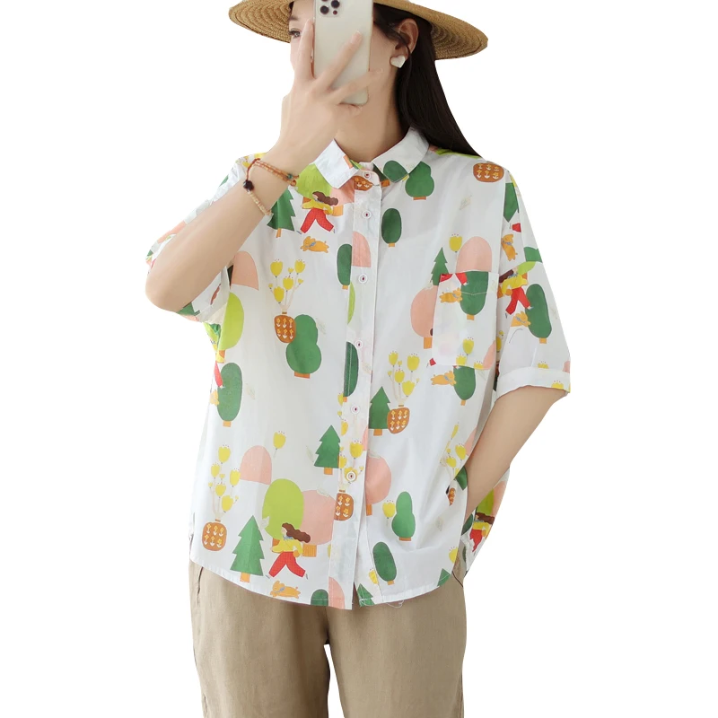 Verano artístico suelto ajuste ort Sve puro algodón impreso Casual irt mujer dulce Sle tubo recto Top abotonada Cardigan