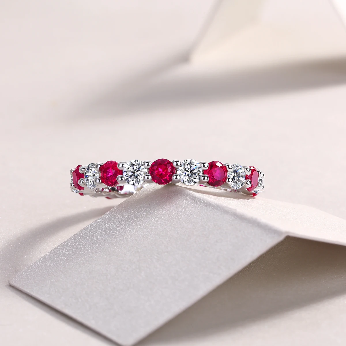 Elegant S925 Silver Ring with Alternating Moissanite & Rubies, 18K Gold Plated, Luxury Design, Includes GRA Certificate, Perfect