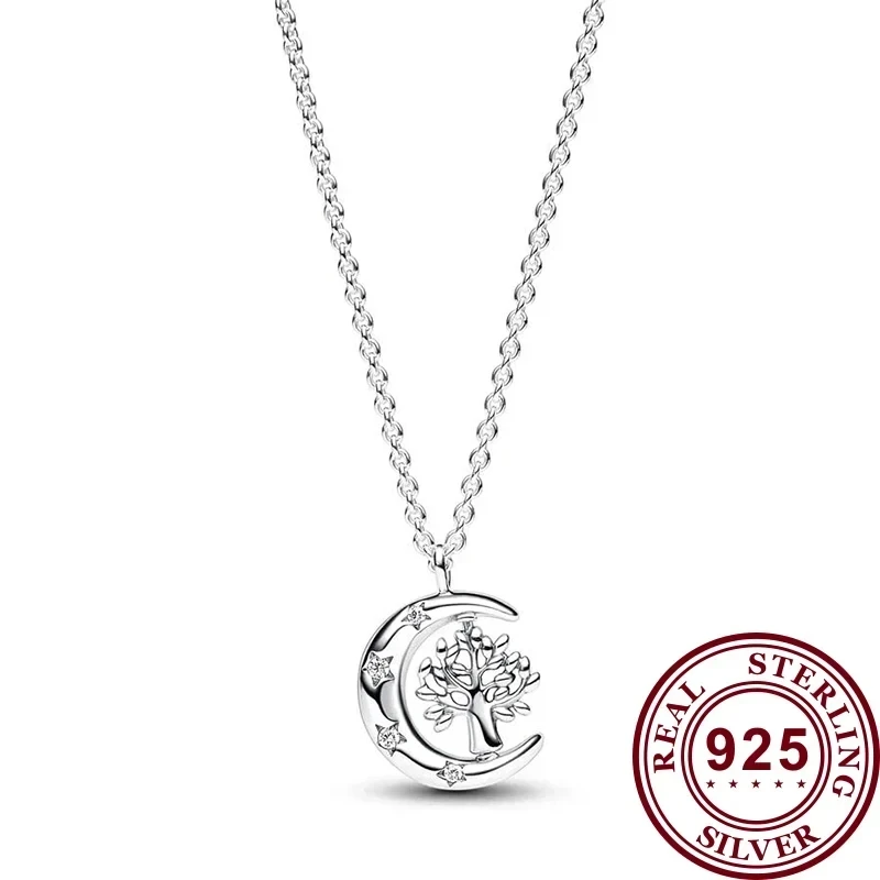 New 925 Sterling Silver Ladies Exquisite Spinning Life Tree Blue Pear Flower Logo Moon Necklace Festival DIY Charm Jewelry Gift