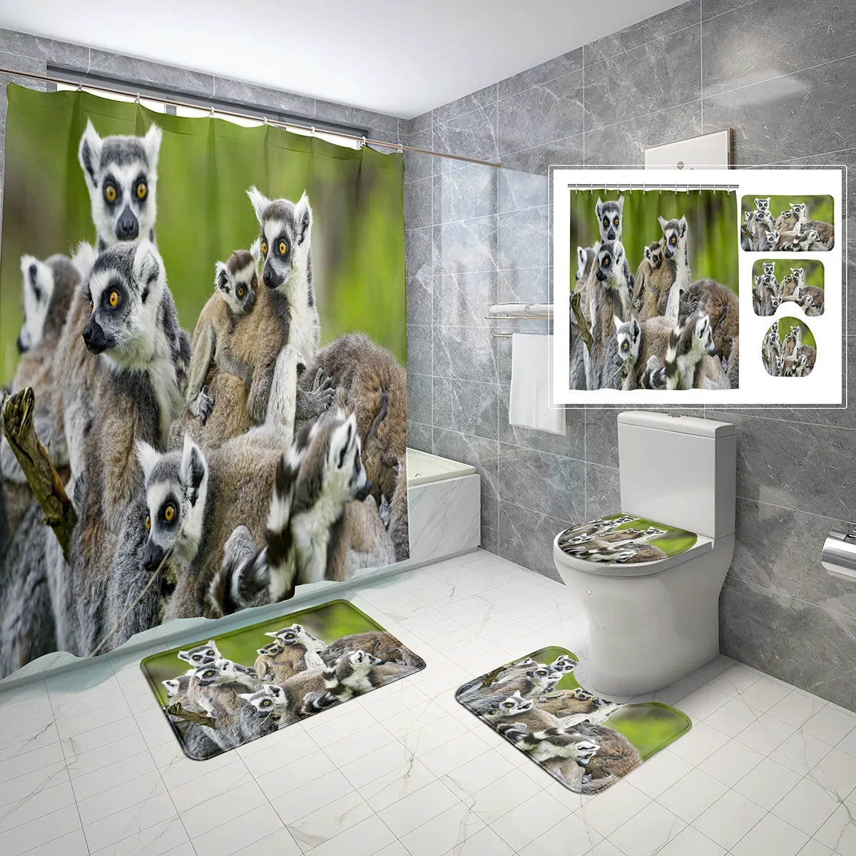 4 Pcs Animal Series Shower Curtain Sets with Toilet Lid Cover and Non-slip Bath Mat Cute Squirrel Waterproof Shower Curtain Set