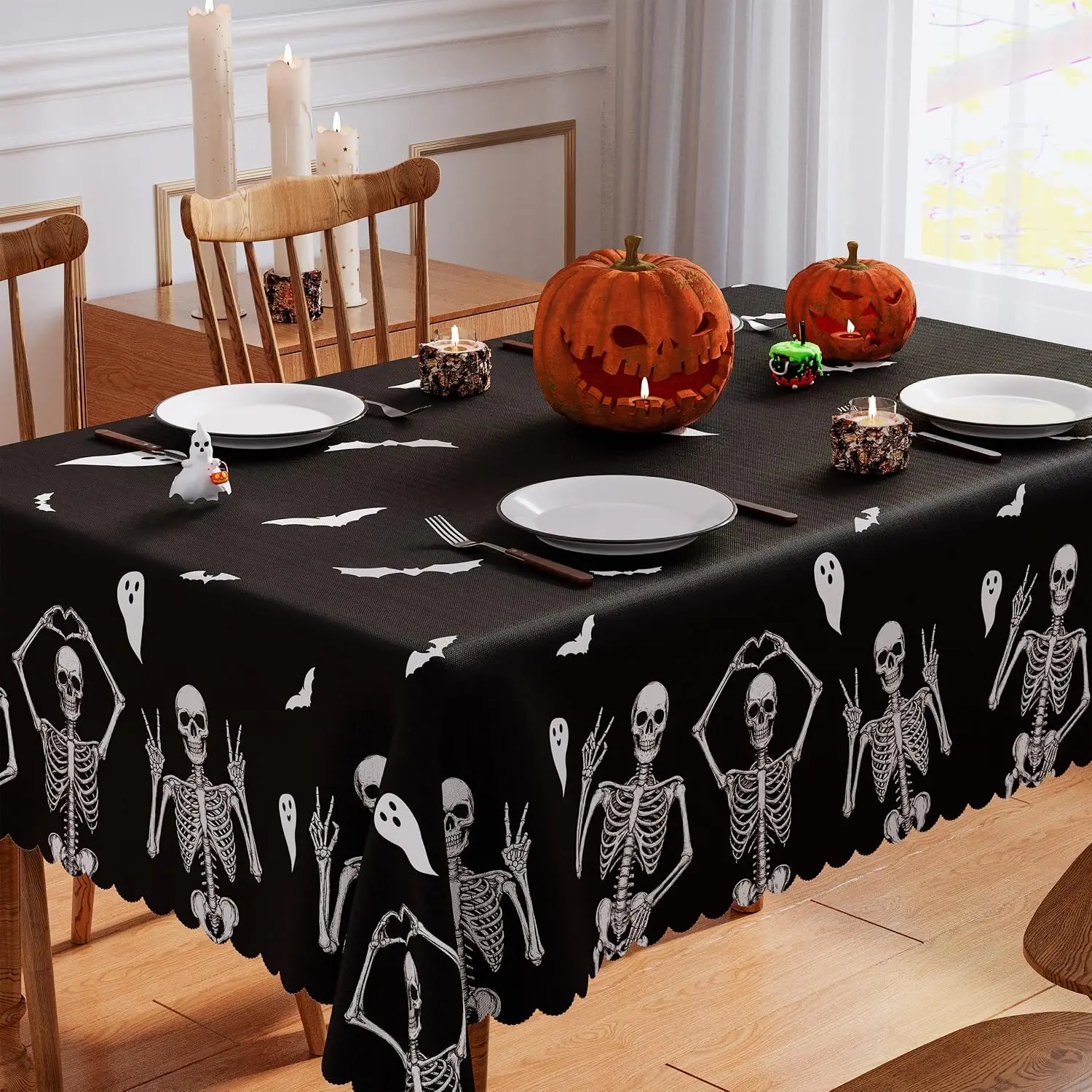 Halloween Spooky Skeleton Rectangle Tablecloth for Table Decor Reusable Kitchen Dining Table Runner Halloween Decorations