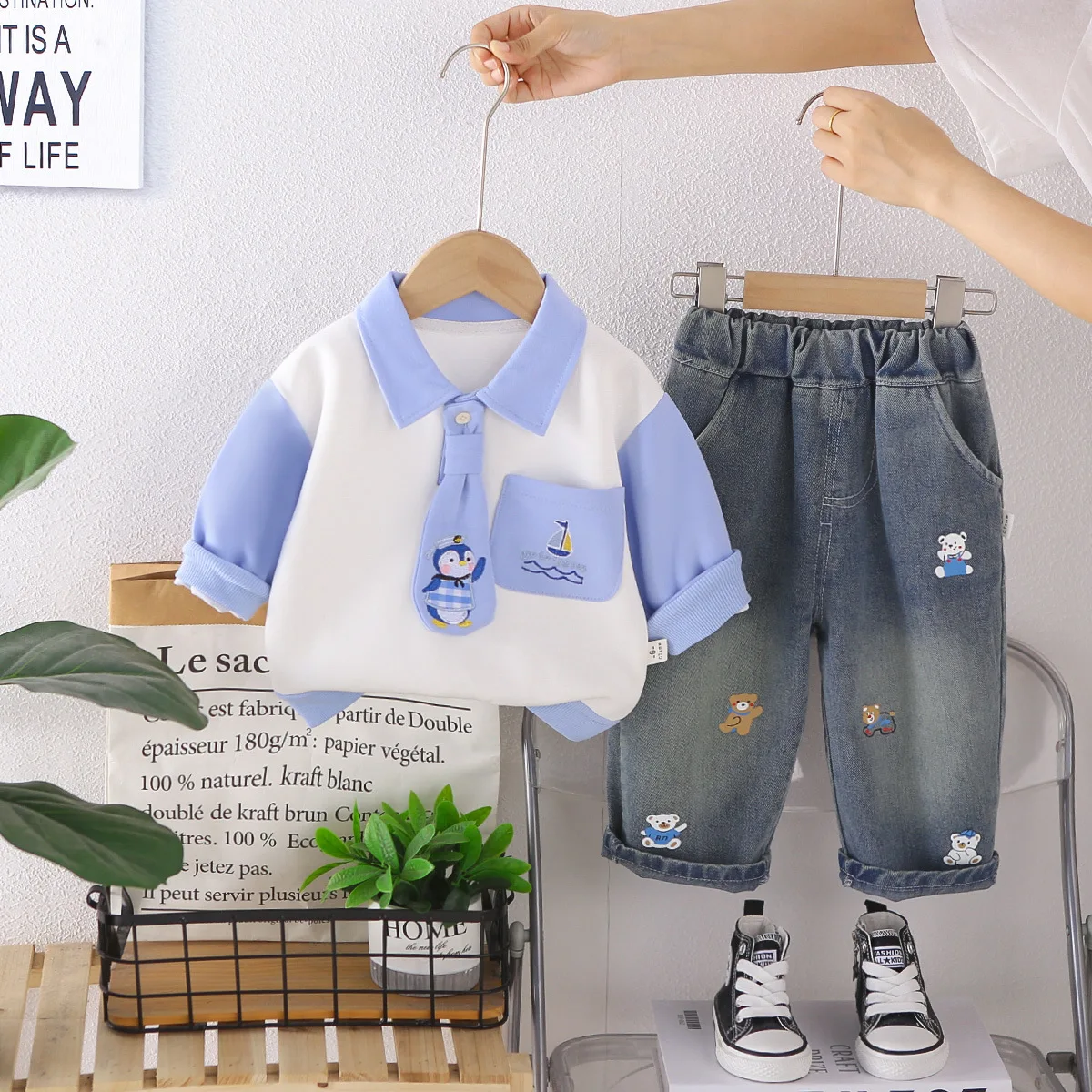 Baby Boy 2PCS Clothing Set Color Patchwork Long Sleeve Shirt with Tie Cartoon Embroidery Denim Pants Casual Outfit for Toddler