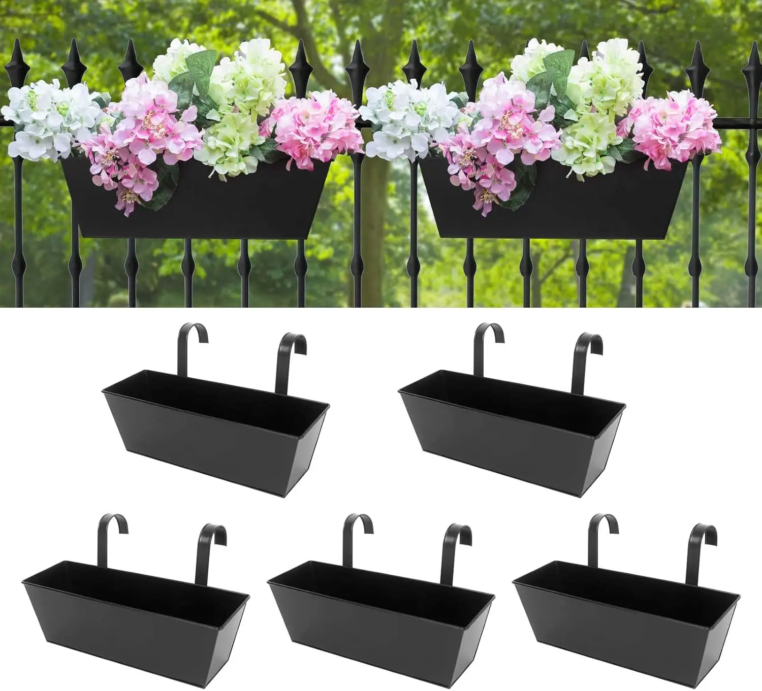 

16 Inch Deck Over Railing Planter Boxes, Hanging Planters for Balcony Fence Flower, Set of 5 Black