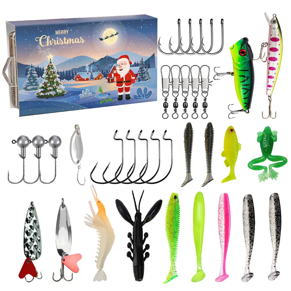 Christmas Fishing Advent Calendar 2024 Soft Lures Spoons Minnow Countdown Calendar Xmas Fishing Gift for Father Granpa Boyfriend