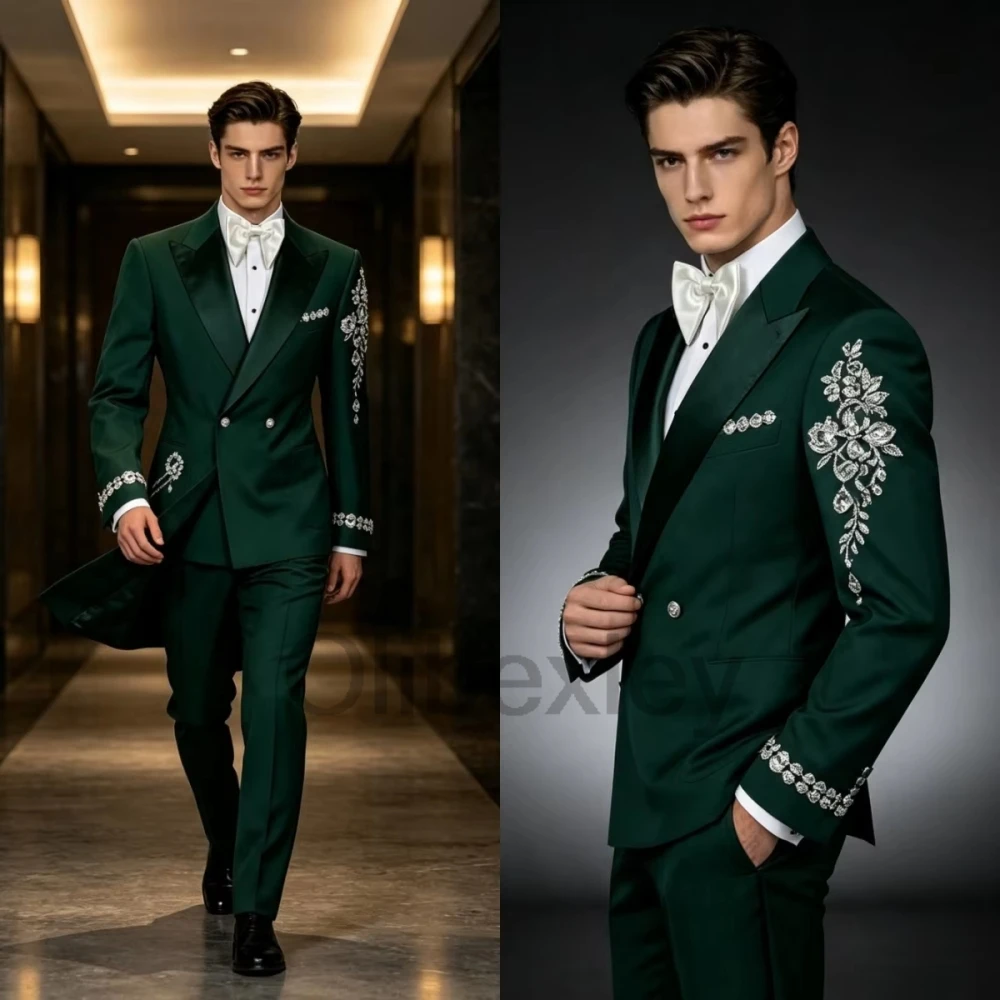Olibexley Casual Diamond Suit Male 2 Pcs Sparkling Crystal Prom Tuxedo Double Breasted Blazer Pants Ropa Hombre Customized S389