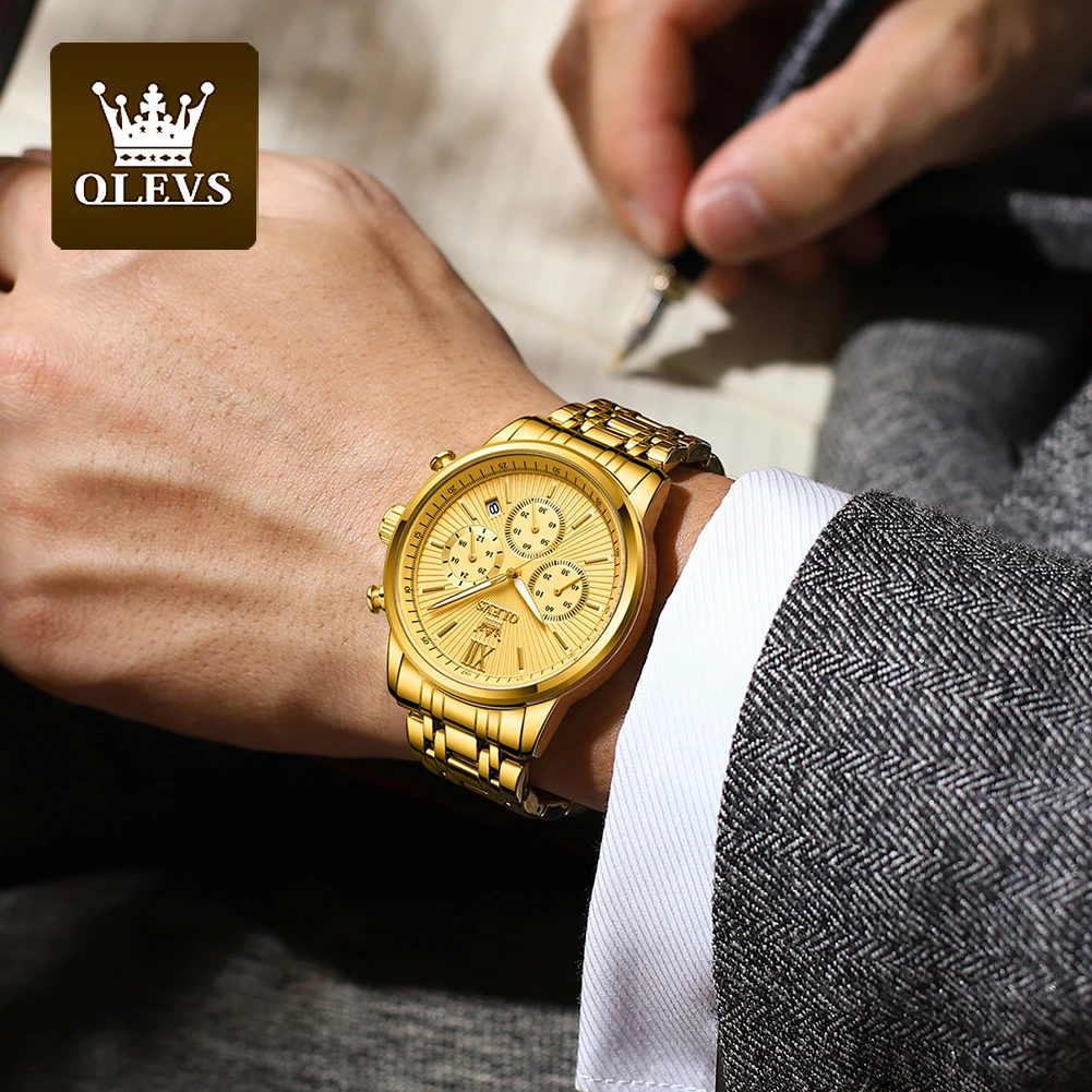 OLEVS Men\'s Watches Luxury Gold Fashion Wristwatch for Man Stainless Steel Waterproof Luminous Chronograph Date 24 Hour Display