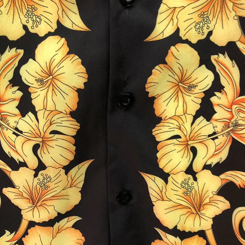 2023 Luxury Black Gold Full Gold Flower Shirt Men Casual Shirt Camisa Masculina Slim Triangle Print Shirt Dress Men Short Sleeve