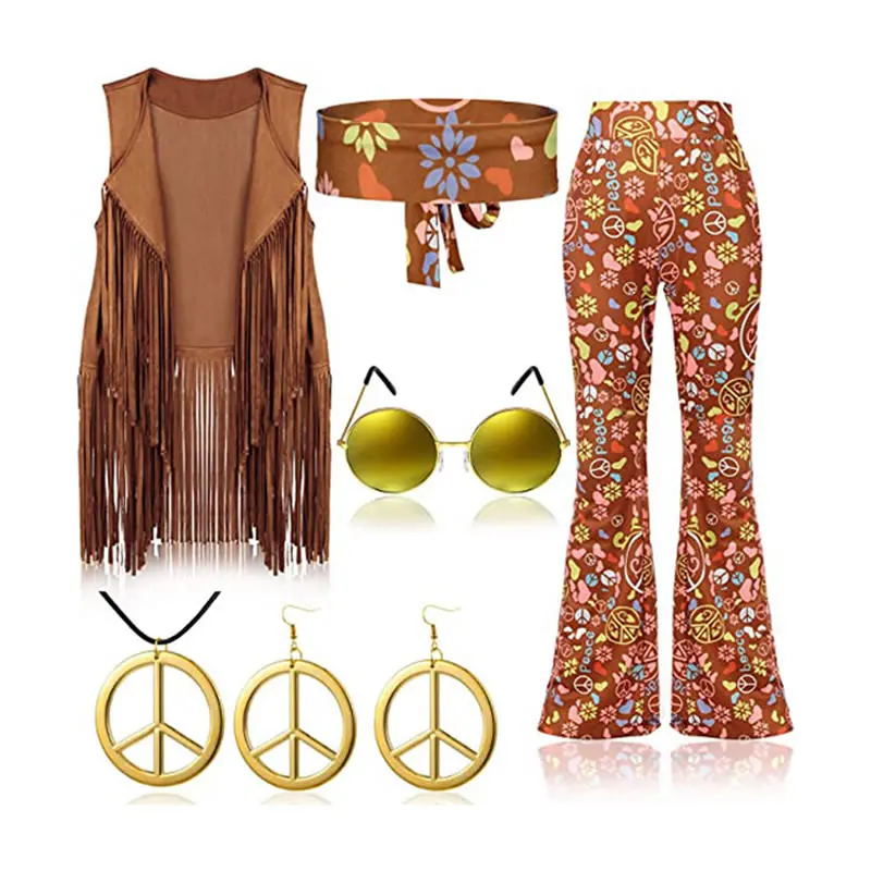 

Hippie Vintage Set For Women Clothes Festive Aldult Lady Tassel Vest Top+Pant+Scarf+Glasses+Necklace+Earring 6pcs Outfit