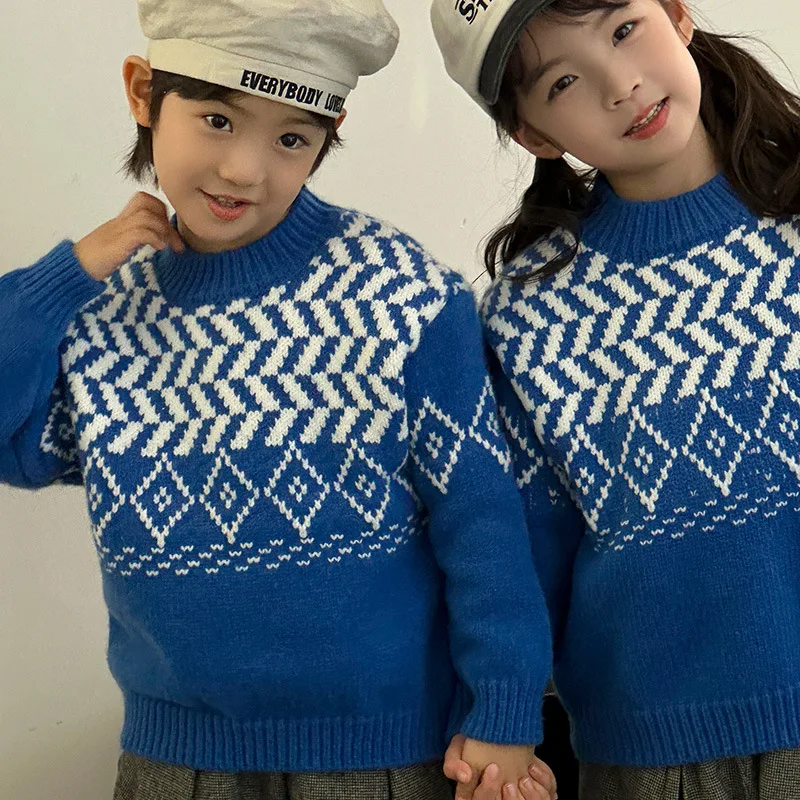 

Korean Style Color Matching Long-sleeved Children's Sweater 2024 Autumn and Winter American Retro Jacquard Warm Sweater