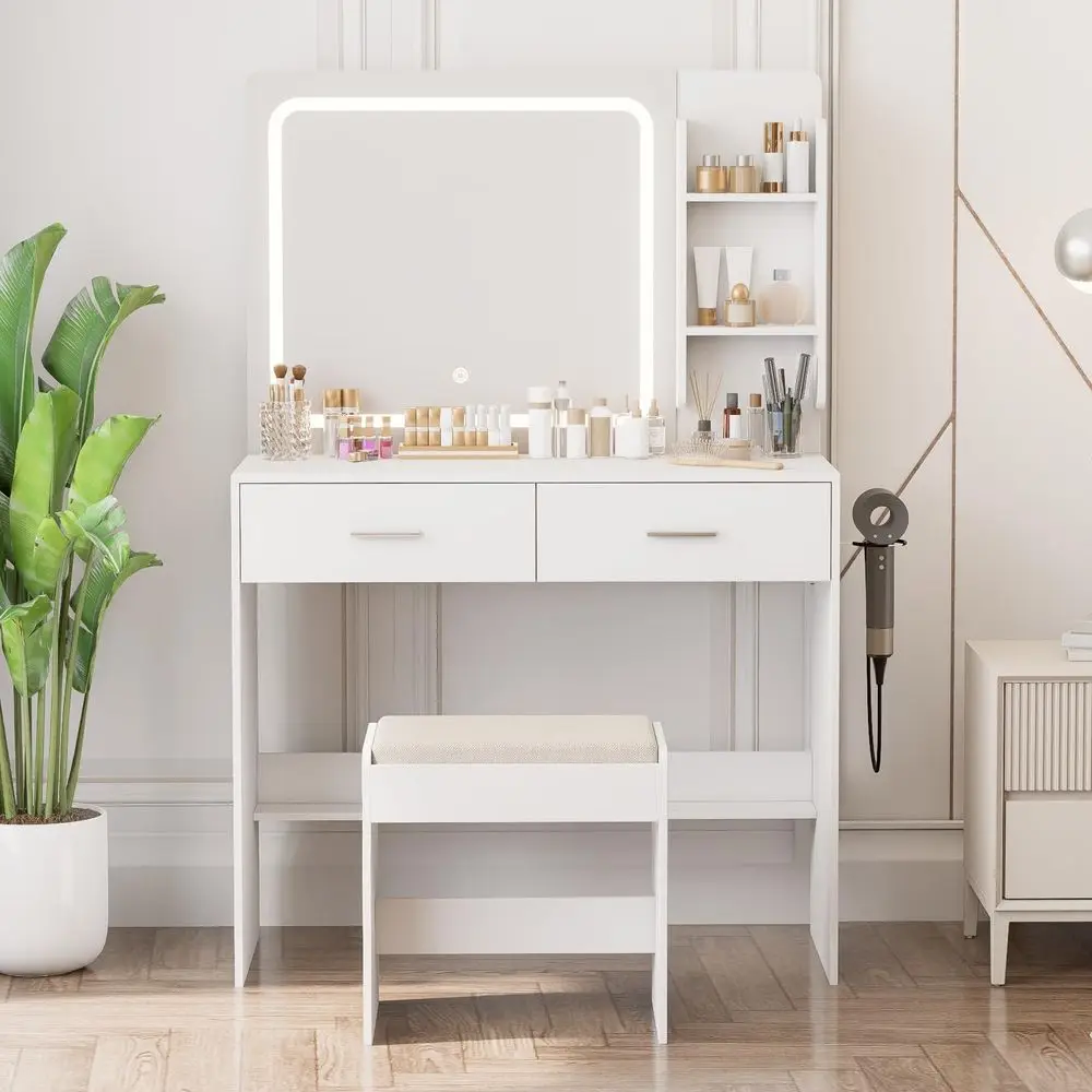 Vanity Desk with Lighted Mirror and Charging Station, White Vanity Table Set with Stool, 2 Drawers, 2 Shelves and Bottom Storag