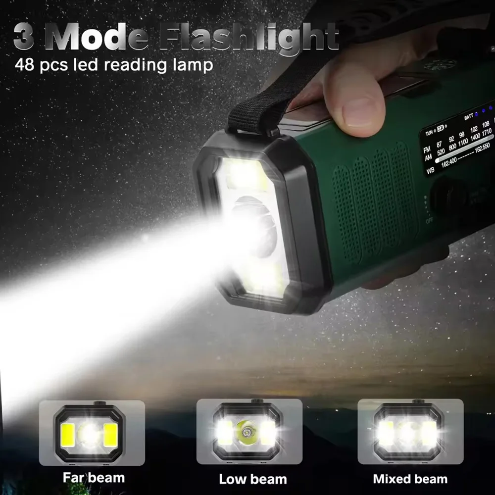 10000mAh Solar-Notfall-Wetterradio AM/FM/NOAA Tragbares Kurbelbetriebenes Notfallradio mit LED-Taschenlampe SOS-Alarm Powerbank – Detail 8