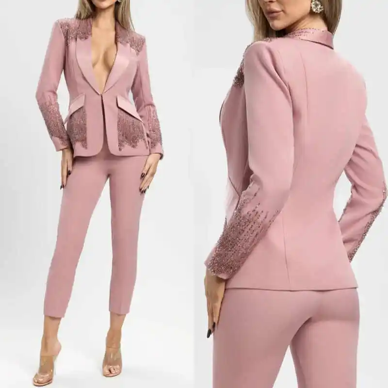 

Luxury 2 Pieces Suits For Women One Button Shawl Lapel Pant Sets Beaded Office Ladies Work Customized Outfits