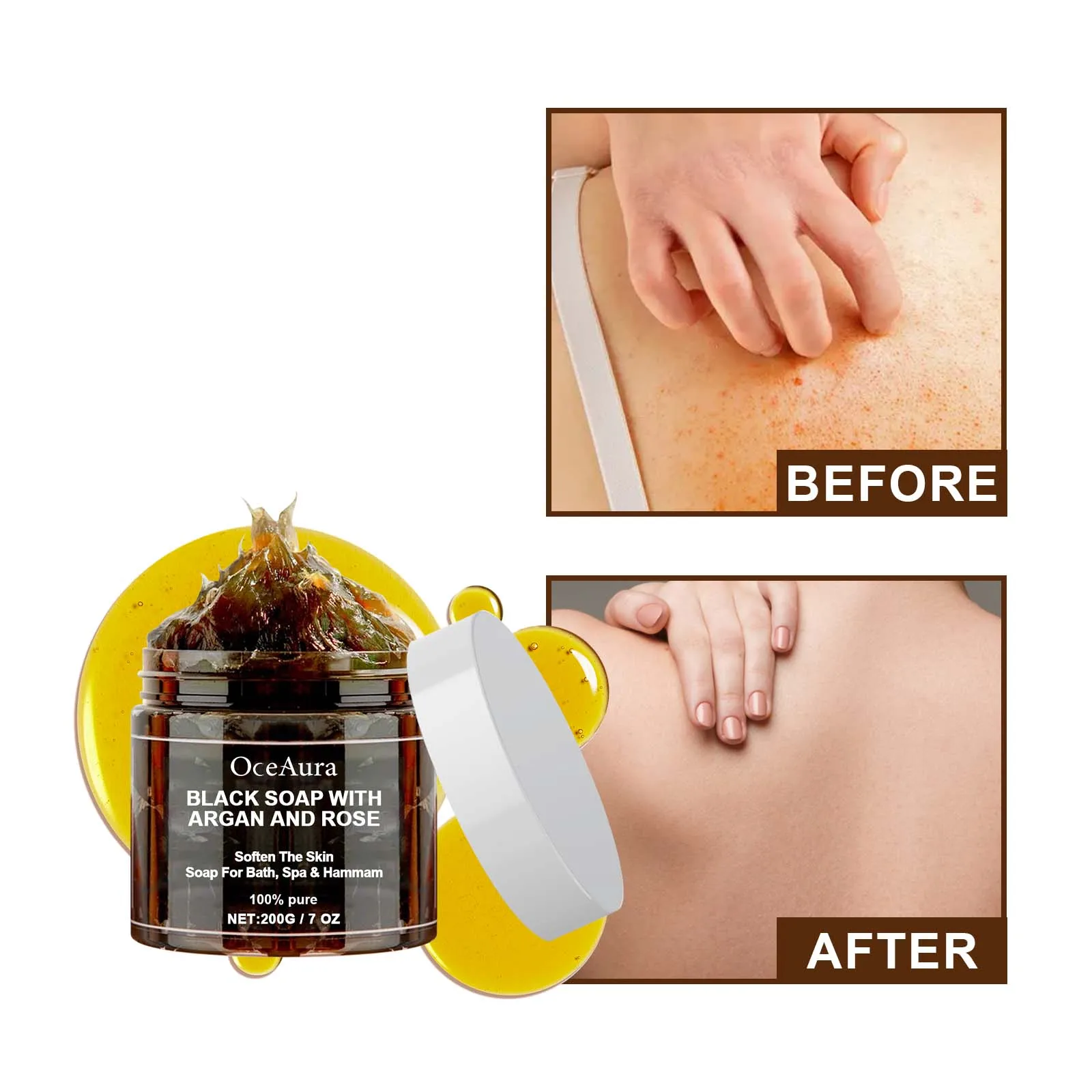 OCEAURA 200g Black Soap With Argan And Rose Lack Beldi Soap Ideal For Dead Skin Remover Body Scrub Purifying Deep Cleansing