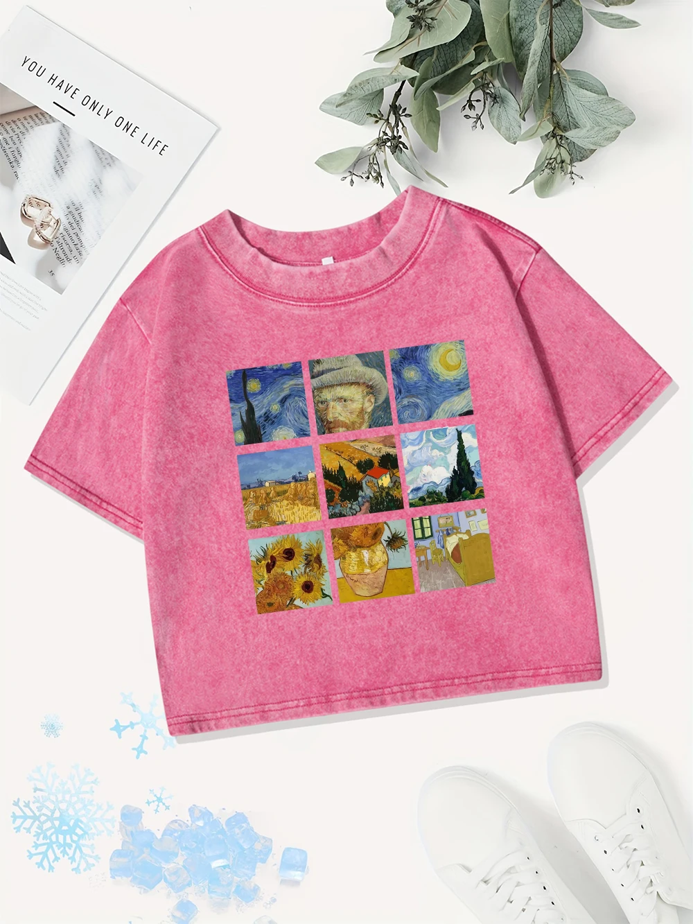 Sexy Cotton Crop Tops Women Van Gogh'S Starry Night Sunflowers Prints Washed T-Shirt Y2K O-Neck Regular Fit Tees Summer Clothes