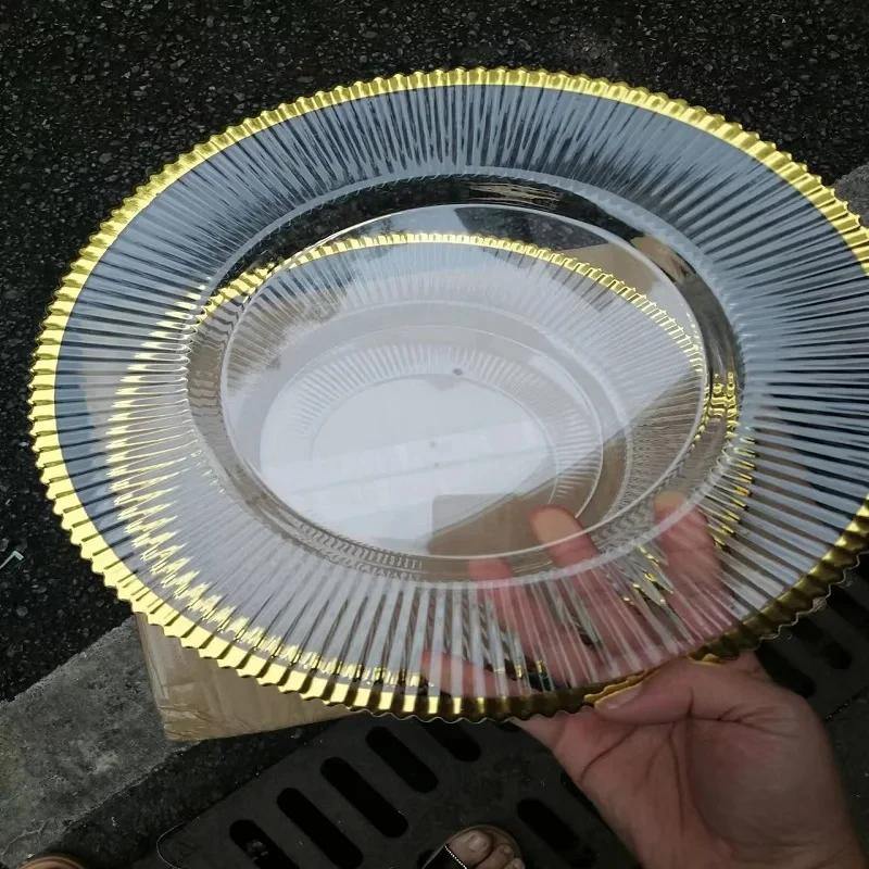 Clear Plastic Charger Trays with Gold Rimmed Stripe, Acrylic Decorative Serving Trays, 100