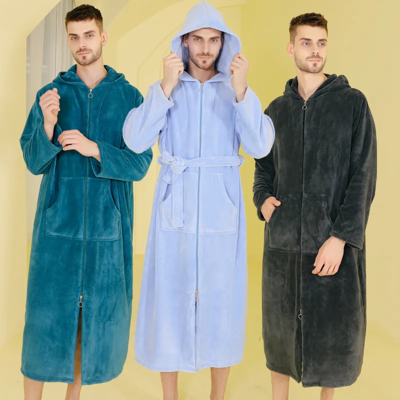 Couple Winter Autumn Sleepwear Warm Flannel Bathrobe Gown Hooded Nightwear Men\'s Sleepwear Loose Loungewear Thick Homewear