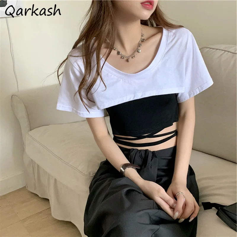 

Sets Women Solid Color Two-piece Crop Top Waist Bandage Sexy High Street Ladies Short Sleeve All-match Students Summer Fashion