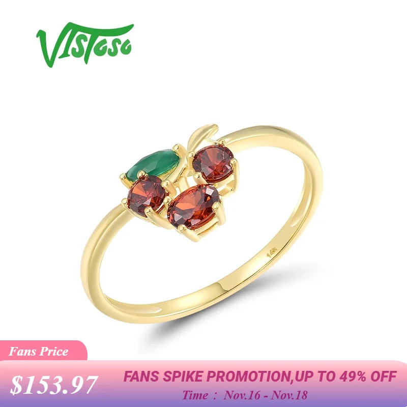 

VISTOSO Genuine 14K 585 Yellow Gold Ring For Women Sparkling Diamonds Garnet Lovely Cherry Birthday Gifts Fashion Fine Jewelry