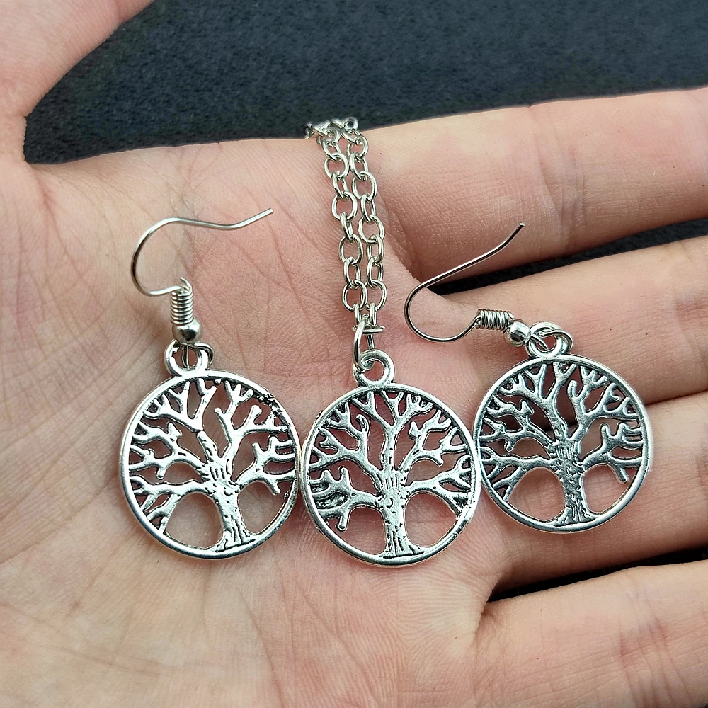 Round Hollow Wishing Tree Pendant Necklace Earrings Set Tree of Life Pendant Fashion Bijoux Collier Elegant Women\'s Jewelry Gift