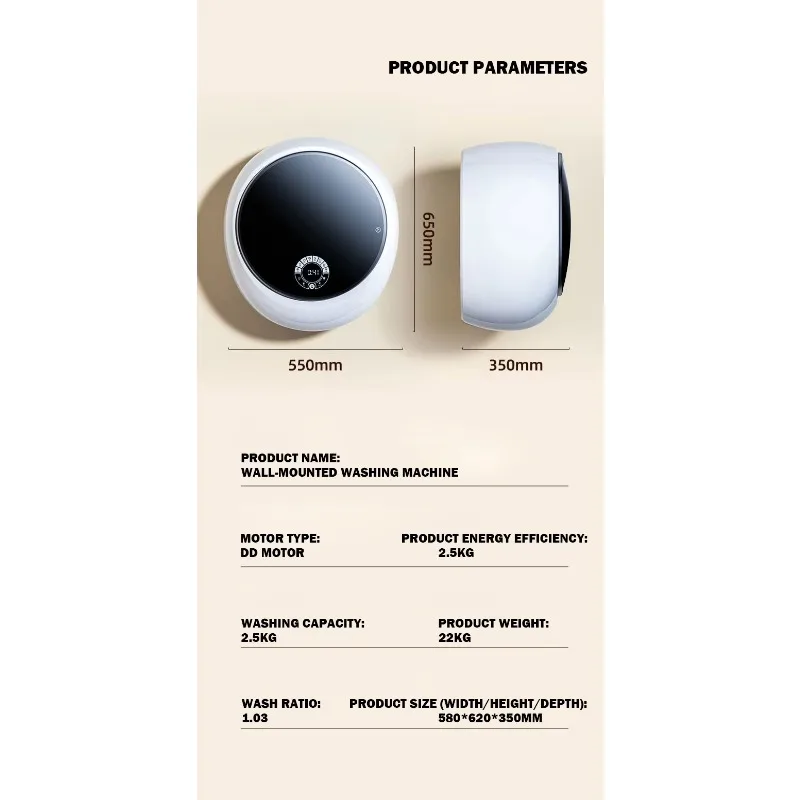 TYTXRV Mini lavadora automática montada en la pared de carga frontal de 3KG con interruptor táctil LED para viajes de remolque Camper RV