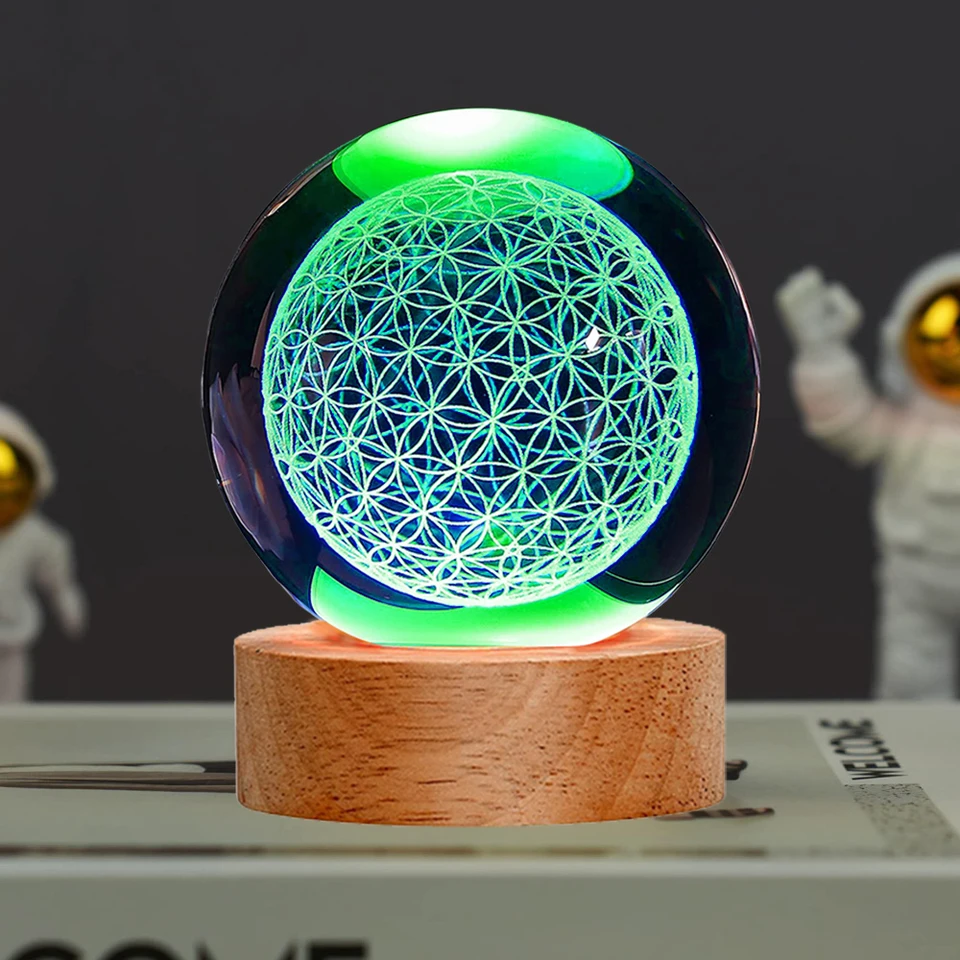 1pc 3D レーザー彫刻フラワーオブライフクリスタルボール RGB 16 色