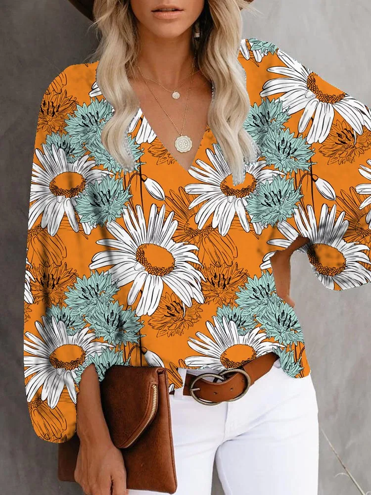 

New Spring Summer Women's Sexy V-neck Casual Shirt With Fashionable Printed Lantern Sleeves Long Sleeved Top